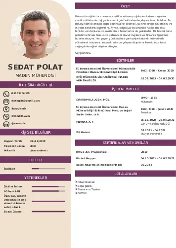 Maden Mühendisi Cv Örnekleri cv indir